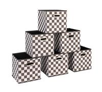 Household Essentials Fabric Storage Cube Bins, 6 Piece Set, Strong Poly-Woven Fabric, Chipboard Sides, Grommet Front Handle, Stackable and Foldable, Classic Design, White and Black Checkerboard