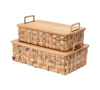 Household Essentials Stackable Hyacinth Baskets with Oak Lids, Natural Set of 2, Water Iron