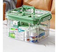 Household Medicine Storage Box Organizer - Double Layer Multi-Grid First Aid Box With Lid - Portable Cabinet for Home, School (Green-S)