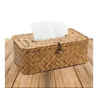 Household Rectangular Square Rattan Tissue Box Cover - Caramel Seagrass Decorative Woven Wicker Facial Tissue Holder for Kitchen, Bathroom, Office and Hotel