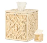Household Square Tissue Box Cover, Handmade Woven Tissue Box Holder Bohemian Decor Napkin Dispenser for Bathroom Bedroom Dresser Living Room Office Dorm, 15 × 14 × 14 cm(beige)