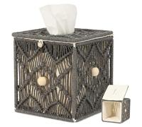 Household Square Tissue Box Cover, Handmade Woven Tissue Box Holder Bohemian Decor Napkin Dispenser for Bathroom Bedroom Dresser Living Room Office Dorm, 15 × 14 × 14 cm(dark grey)