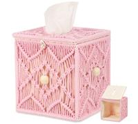 Household Square Tissue Box Cover, Handmade Woven Tissue Box Holder Bohemian Decor Napkin Dispenser for Bathroom Bedroom Dresser Living Room Office Dorm, 15 × 14 × 14 cm(pink)