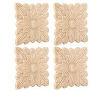 Household Wood Appliques, 4Pcs Beautiful Flower Pattern Wood Carved Applique, Square Flower Carving Decals, Furniture Garden Door Decoration Accessories, 10 X 10 X 1 Cm