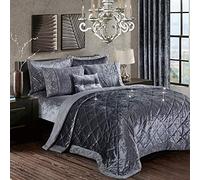 Householdfurnishing 3 Piece Crushed Velvet Bedspread Quilted Bed Throw Comforter with Pillow Shams (Santiago/Grey, Super King)