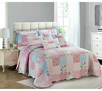 Householdfurnishing 3 Piece Printed Patchwork Bedspread Quilted Bed Throw Comforter with Pillow Shams (Floral Pink, Single)