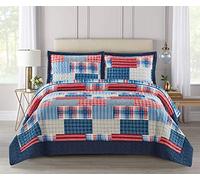 Householdfurnishing 3 Piece Printed Patchwork Bedspread Quilted Bed Throw Comforter with Pillow Shams (Check Denim Red, Double)
