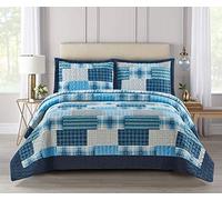 Householdfurnishing 3 Piece Printed Patchwork Bedspread Quilted Bed Throw Comforter with Pillow Shams (Check Denim Blue, Single)