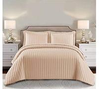 Householdfurnishing 3 Piece Quilted Bedspread Bed Embossed Bedding Set Throw Comforter with Pillow Shams (Beige, Super King)
