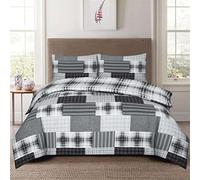 Householdfurnishing Reversible Complete Bedding Set 4 Pieces Duvet Cover Cotton Rich Bed Set Fitted Sheet And Pillow Case (Check Grey, King)