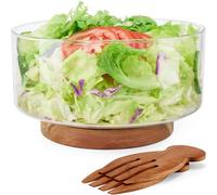 HouseJoy Large Salad Bowl Set, Glass Salad Bowl with Acacia Wood Base and Salad Hands, Serving Bowls for Fruits, Popcorn, Chips, Pasta, Microwave & Dishwasher Safe, Kitchen Must-Have