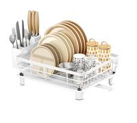 Housekeeper Medium White Dish Drainer Rack with Drip Tray - Stainless Steel Drying Rack for 3-4 People, Utensil Holder, Swivel Drain Spout, Space-Saving Sink Organiser