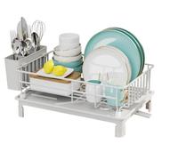 Housekeeper Small White Dish Drainer Rack with Drip Tray - Compact Stainless Steel Drying Rack for 1-2 People, Utensil Holder, Swivel Drain Spout, Space-Saving Sink Organiser