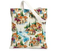Houses Canvas Tote Bag for Women, Mediterranean Fanciful Flowers Trees Summer Blue Washable Reusable Aesthetic Tote Bags Ideas for Travel Work Shopping Bookstore 13x15 Inch
