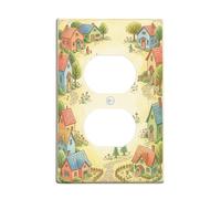 Houses Duplex Outlet Covers Wall Plate, Fanciful Vintage Trees Pathways Spring Pastel Plastic Standard Size Face Plates for Electrical Outlets for Home Living Room Bedroom Bathroom Decor