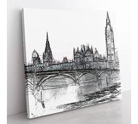 Houses of Parliament & Big Ben in Abstract Modern Canvas Wall Art Print Ready to Hang, Framed Picture for Living Room Bedroom Home Office Décor, 50x50 cm (20x20 Inch)