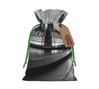 Houses of parliament Christmas Gift Bags with Tags & Ribbon Ties, Xmas Drawstring Candy Treat Bag Christmas Gifts Sacks Reusable Gift Wrapping Bags for Holiday Party Favors Small