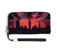 Houses of The Parliament Silhouette on UK Flag Historic Urban Skyline Leather Wallet Fashion Purse Long Pouch with Wrist Strap for Men Women