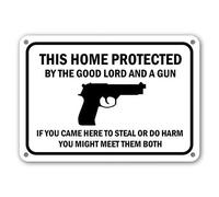 Houses Protected By Good Owners And Firearm Warning With Gun Sign, Label, Decor Kitchen Decor Wall Decor Poster Metal Sign 8X12 Inches