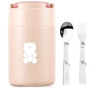 HOUSETEC Food Flask - 600ML Insulated Lunch Box with Foldable Fork& Spoon, Leak Proof Soup Flask, Portable Wide Mouth Soup Containers for Outdoors, Indoors (Pink)
