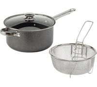 Housetr onics 3-in-1 Chip Pan with Lid & Wire Basket 24cm, Deep Fat Fryer with Non-Stick Coating | Transparent Glass Vented Lid | Dishwasher Safe Compatible with Gas, Electric & Solid Hotplates