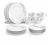 Housetronics 16-Piece Round Porcelain Dinner Set for 4- 4 Dinner Plates and Bowls Set with 4 Side Plates & Mugs, Dishwasher Safe, Highly Resistant Dinnerware, Kitchen & Dining (Black Pattern)