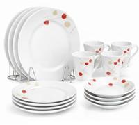 Housetronics 16-Piece Round Porcelain Dinner Set for 4- 4 Dinner Plates and Bowls Set with 4 Side Plates & Mugs, Dishwasher Safe, Highly Resistant Dinnerware, Kitchen & Dining (Cream & Red Pattern)