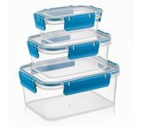 Housetronics 3 Piece Airtight Rectangular Acrylic Storage Box Set, Clear Containers with Leakproof Coloured Clip Lids, Stackable Lunch Boxes (370, 900,1700 ml) (Clear Boxes with Blue Clips Lid)