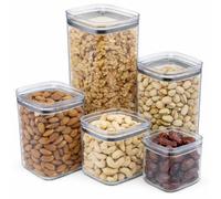 Housetronics Premium Acrylic Pantry Storage Containers with Lids, Set of 5, Square Clear Stackable Kitchen Organiser for Cereal, Pasta & Dry Food (700-3100ml)