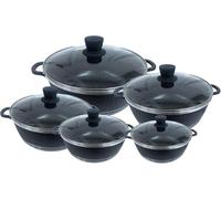 Housetronics Set of 5 Pcs Die Cast Casserole Stock Pots with Lid-Granite Cookware Pot Set with Tempered Glass Lids & Knobs Nonstick Marble Coating Cooking Pot with Heat-Resistant Handle (Black)