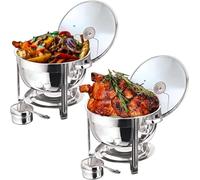 Housetronics Stainless Steel Round Chafing Dish Food Warmer Buffet 8.5 Litre with Tempered Glass Lid & Holder Food Serving for Banquet, Dinners, Weddings, Catering, Buffet, Restaurant (Set of 2)