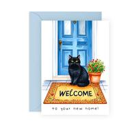 Housewarming Card - Cute Black Cat Welcome Mat - New Home Card for Friends, Family, Couples, Him, Her, Bestie, BFF, Coworkers, Son, Daughter, Neighbours - Congratulations - Comes with Stickers