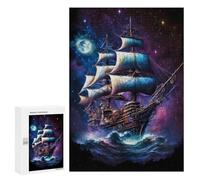Housewarming Gift - Fantasy Sailing Ship Night Sky, Wooden Brain Teaser for Adults, 300 PCS, for Relaxing Solo Or Group Play