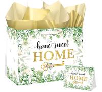 Housewarming Gifts Bag Home Sweet Home Gift Bag with Greeting Card Tissue Paper Green Leaves Floral Wrapping Paper Bag House Warming Party Favors Bag for New House Wedding Baby Shower Christmas Favor