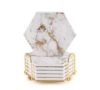 Housewarming Gifts for Home Decoration,Gold Coasters Set of 6, Marble Absorbent Coasters for Drinks with Holder and Cork Base,Coffee Pads Beer Bar Mat for Kinds of Cups, Tables,Home Decor