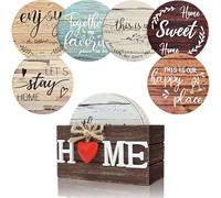 Housewarming Gifts for Home Decoration Wooden Heart Coasters for Drinks 6 Set 4 Inch Funny Farmhouse Coasters with Holder for Coffee Table Protection Housewarming Gifts (classic farmhouse)