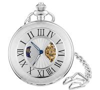 HOUSIA Vintage Mechanical Pocket Watch for Men - Moon Phase & Imitated Tourbillon Design, Skeleton Face with Bold Numerals, Antique Silver Metal Case with Chain, Premium Keepsake Gift for Dad/Husband