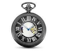HOUSIA Vintage Mechanical Pocket Watch for Men - Moon Phase & Imitated Tourbillon Design, Skeleton Face with Bold Numerals, Antique Silver Metal Case with Chain, Premium Keepsake Gift for Dad/Husband
