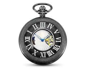 HOUSIA Vintage Mechanical Pocket Watch for Men - Moon Phase & Imitated Tourbillon Design, Skeleton Face with Bold Numerals, Antique Silver Metal Case with Chain, Premium Keepsake Gift for Dad/Husband