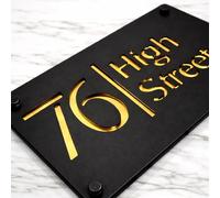 Housics Personalised House Numbers Plaques for Outside Matt Black Acrylic Door Number Plaque with Gold Mirror House Numbers, Laser Cut Design with Premium Stainless Steel Mirror Back, 280 x 160 mm