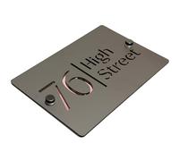 Housics Personalised House Numbers Plaques for Outside Matt Grey Acrylic Door Number Plaque with Rose Gold Mirror House Numbers, Laser Cut Design Premium Stainless Steel Mirror Back, 200 x 130 mm