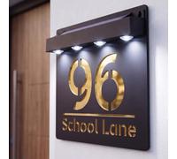 Housics Personalised House Sign Black & Gold Solar LED Illuminated Plaque | Solar powered LED illumination, no wiring needed, waterproof acrylic, auto dusk to dawn sensor, weatherproof outdoor plaque
