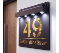Housics Personalised House Sign Black & Gold Solar LED Illuminated Plaque | Solar powered LED illumination, no wiring needed, waterproof acrylic, auto dusk to dawn sensor, weatherproof outdoor plaque