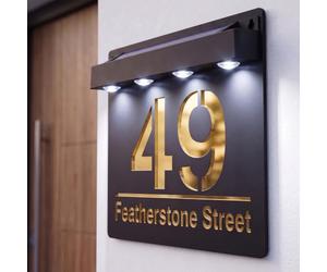 Housics Personalised House Sign Black & Gold Solar LED Illuminated Plaque | Solar powered LED illumination, no wiring needed, waterproof acrylic, auto dusk to dawn sensor, weatherproof outdoor plaque