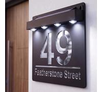 Housics Personalised House Sign Black & Silver Solar LED Illuminated Plaque | Solar powered LED illumination, no wiring needed, waterproof acrylic, auto dusk to dawn sensor, weatherproof outdoor plaque