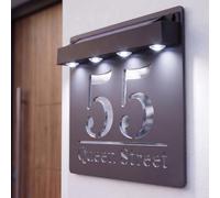 Housics Personalised House Sign Dark Grey Silver Solar Illuminated Plaque | Solar powered LED illumination, no wiring needed, waterproof acrylic, auto dusk to dawn sensor, weatherproof outdoor sign