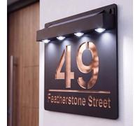 Housics Personalised House Sign Rose Gold Solar LED Illuminated Door Plaque | Solar powered LED illumination, no wiring needed, waterproof acrylic, auto dusk to dawn sensor, weatherproof outdoor plaque