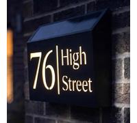 Housics Solar Powered House Sign with Customised Illuminated Name & Number 280mm x 180mm Fully Waterproof IP65 Cool White LED Address Plaque Perfect for Outdoor