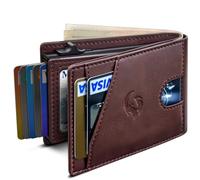 Housmai Wallet for Men, Slim Pop Up Card Holder with RFID Blocking, Minimalist Bifold Wallet with 9 Card Slots, ID Window and Cash Pocket, Metal Flip Case with Magnetic Closure, Gift Box, Brown195