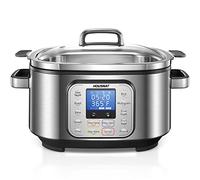 Slow Cooker, HOUSNAT 10 in 1 Programmable Cooker, 6Qt Stainless Steel, Rice Cooker, Yogurt Maker, Delay Start, Steaming Rack and Glass Lid, Adjustable Temp&Time for Slow Cook with Digital Timer